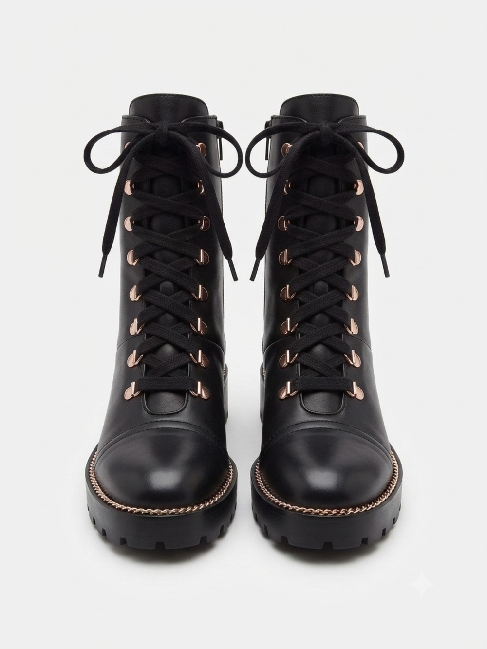Stuart Weitzman Black Leather Combat Boots Size 7 / EU 40 Chain Detail ~2" Heel